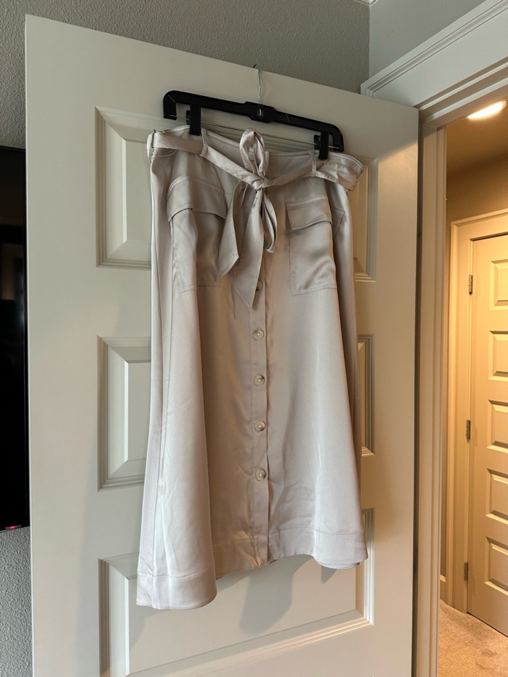 Banana Republic Satin Button-Front Midi Skirt with Tie Waist in Champagne Color - Picture 2 of 7